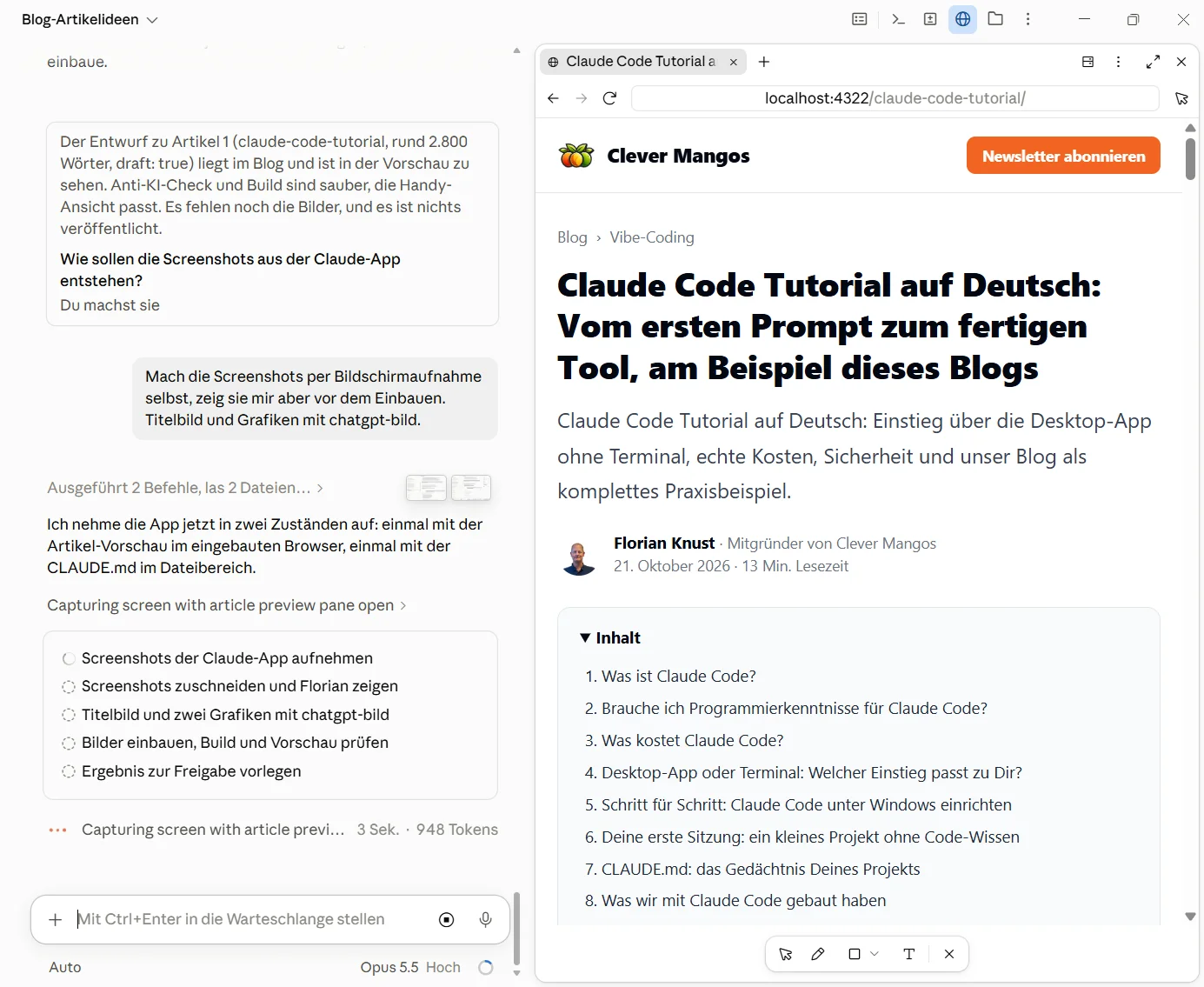 Claude-Desktop-App im Tab Code: links das Gespräch mit Aufgabenliste, rechts die Vorschau dieses Artikels im eingebauten Browser