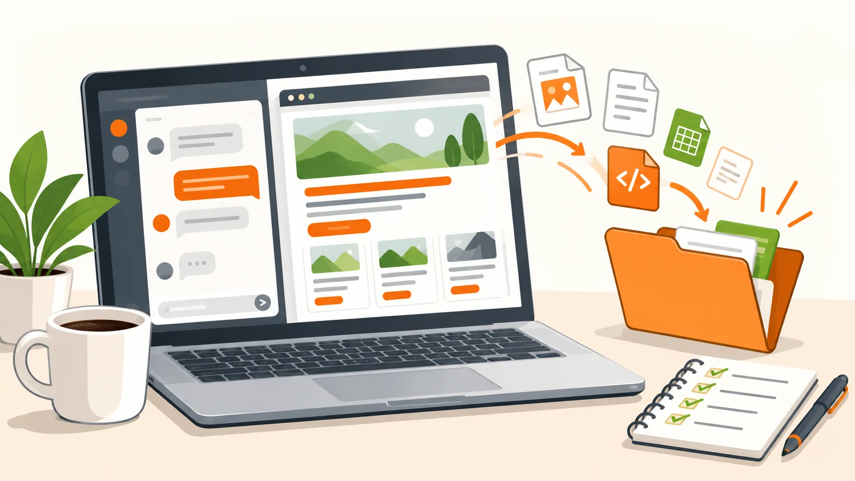 Illustration: Laptop mit Chatfenster und entstehender Website, aus dem Chat fliegen Dateien in einen Projektordner