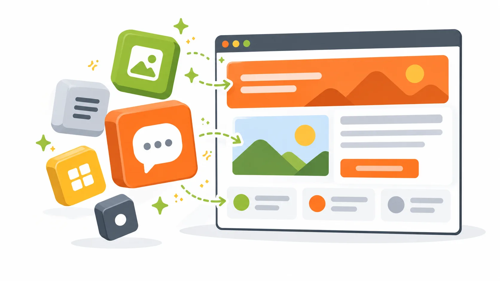 Illustration: Browserfenster, in dem eine Website aus Bausteinen entsteht, daneben schwebende Baukasten-Würfel