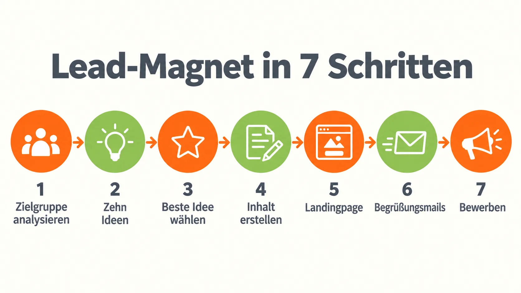 Ablaufgrafik mit sieben Schritten von der Zielgruppenanalyse bis zum Bewerben des Lead-Magneten