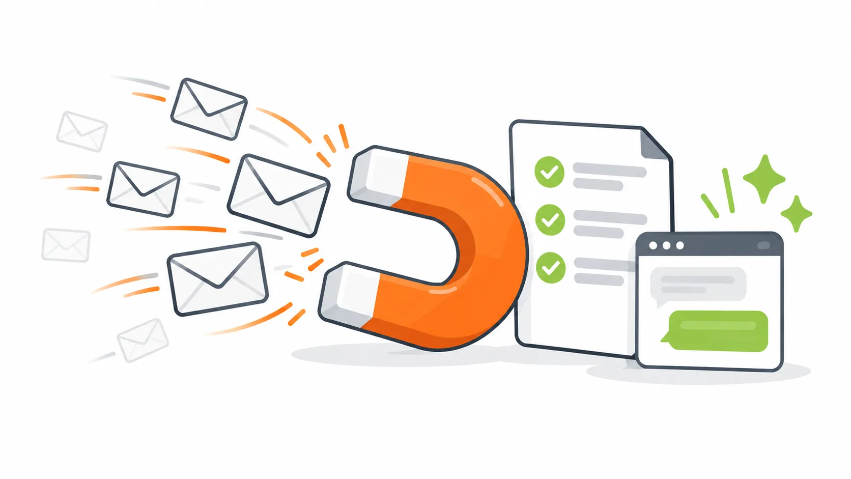 Illustration: Orangefarbener Hufeisenmagnet zieht Briefumschläge an, daneben eine Checkliste und ein Chatfenster