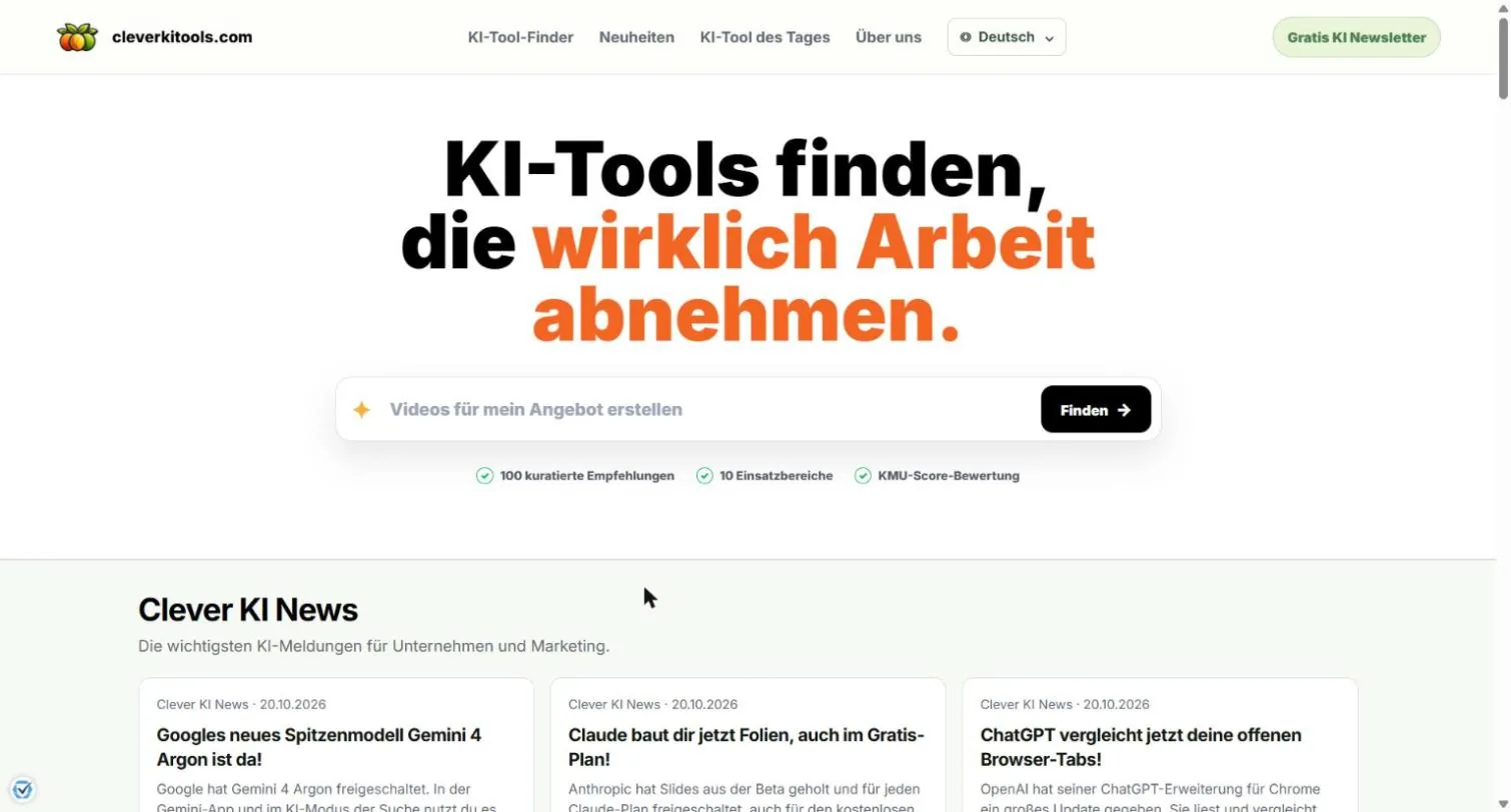 Startseite von cleverkitools.com, einem KI-Tool-Verzeichnis, das auf ChatGPT Sites mit eigener Domain läuft