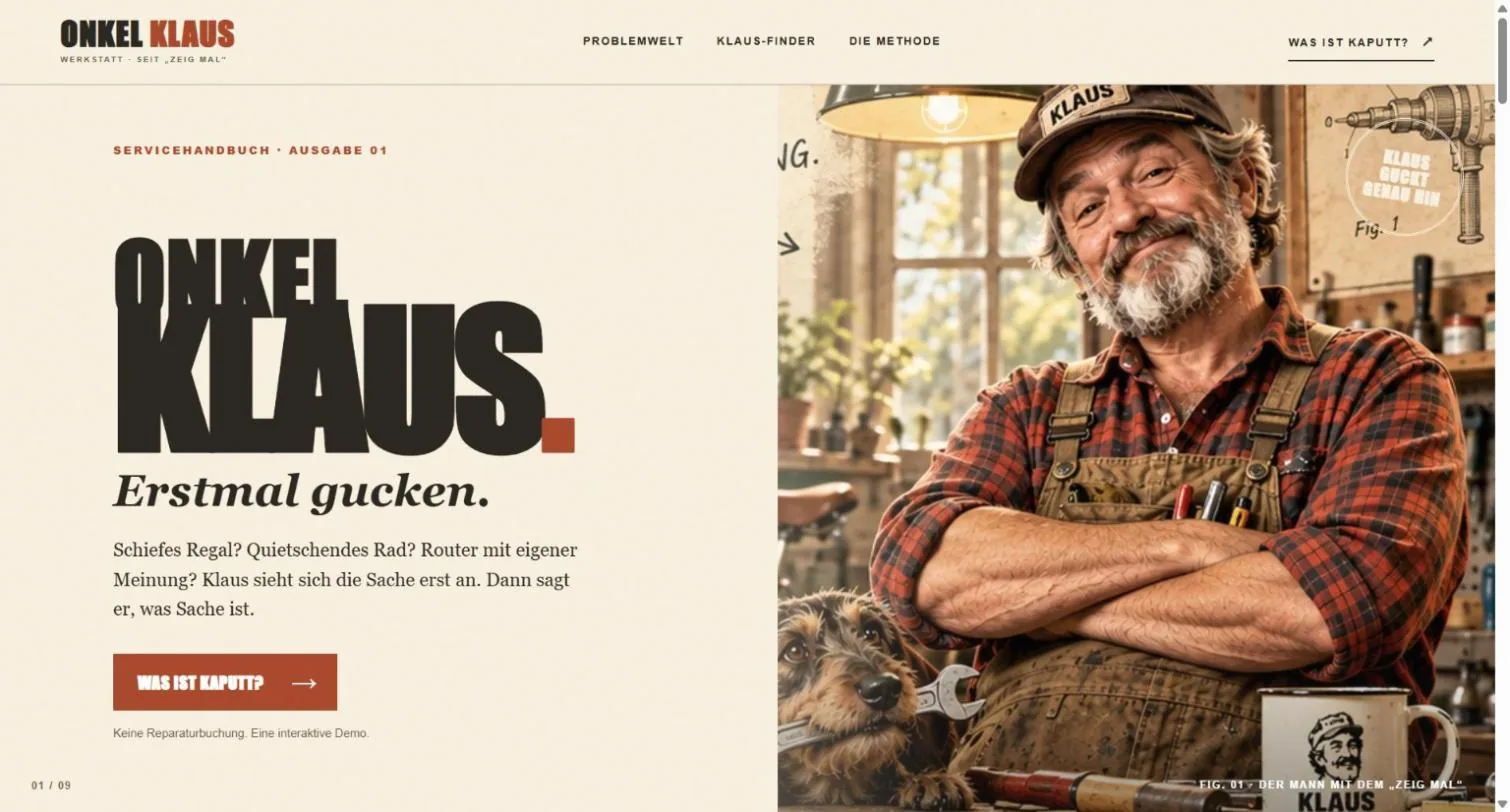 Startseite der Onkel-Klaus-Werkstatt, einer mit ChatGPT Sites gebauten Demo-Website