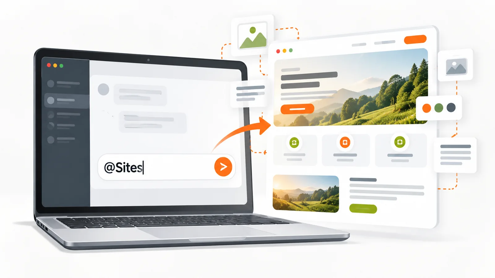Laptop mit ChatGPT-Chatfenster, daneben entsteht Schritt für Schritt eine fertige Website